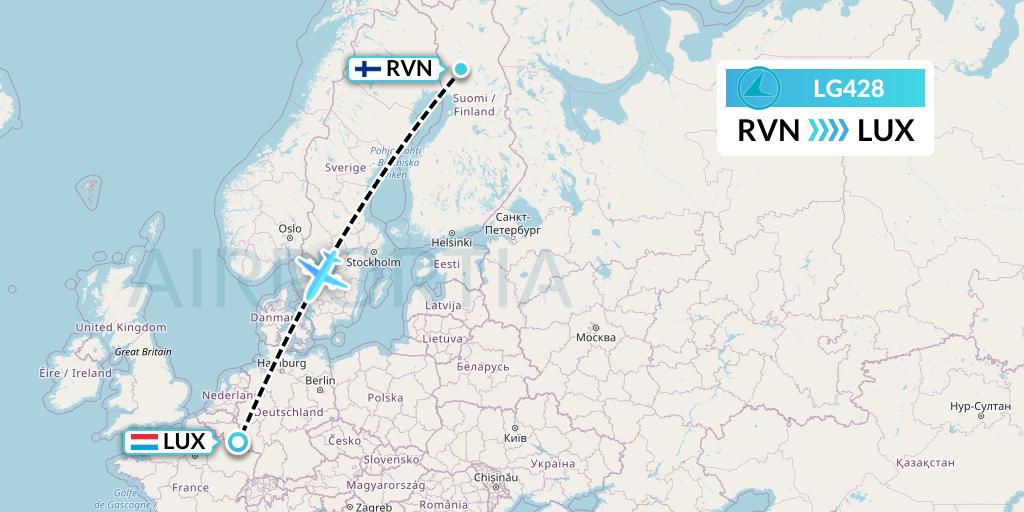 LG428 Luxair Flight Map: Rovaniemi to Luxembourg