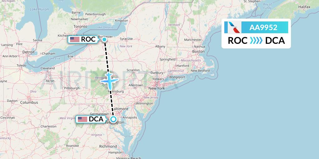 AA9952 American Airlines Flight Map: Rochester to Washington