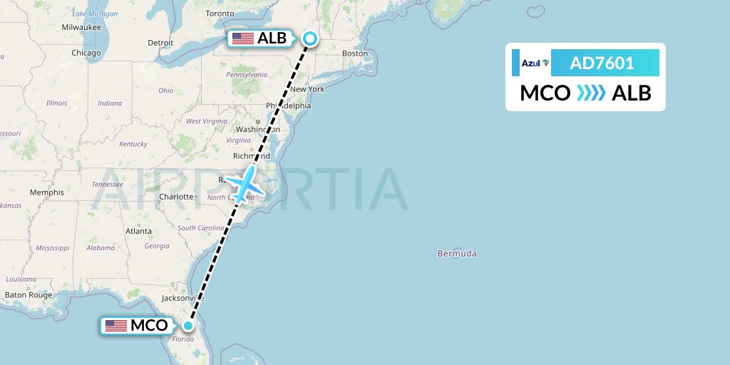 AD7601 Azul Brazilian Airlines Flight Map: Orlando to Albany