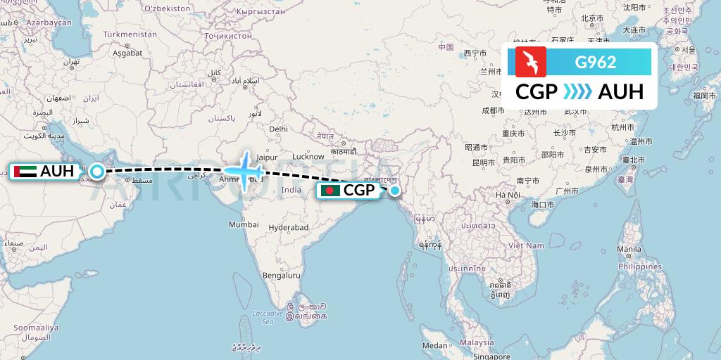 G962 Air Arabia Flight Map: Chittagong to Abu Dhabi