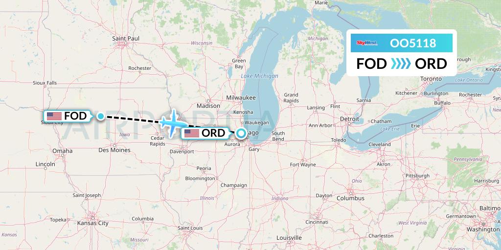 OO5118 SkyWest Airlines Flight Map: Fort Dodge to Chicago