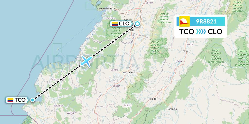 9R8821 Satena Flight Map: Tumaco to Cali
