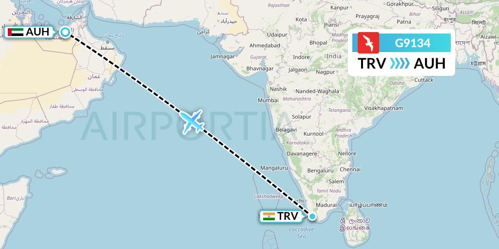 G9134 Air Arabia Flight Map: Thiruvananthapuram to Abu Dhabi