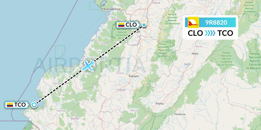 9R8820 Satena Flight Map: Cali to Tumaco