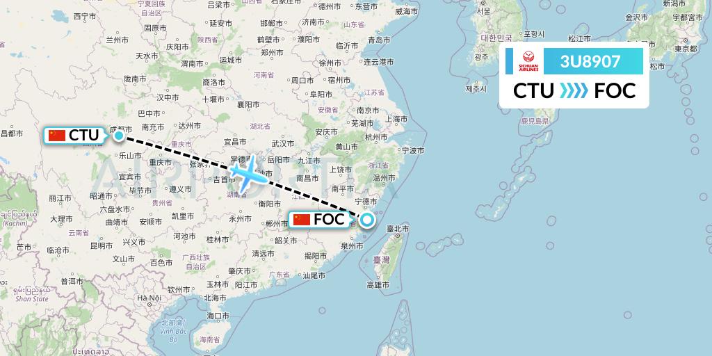 3U8907 Sichuan Airlines Flight Map: Chengdu to Fuzhou