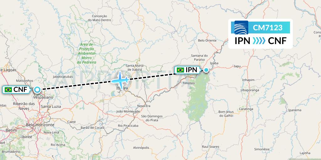 CM7123 Copa Airlines Flight Map: Ipatinga to Belo Horizonte