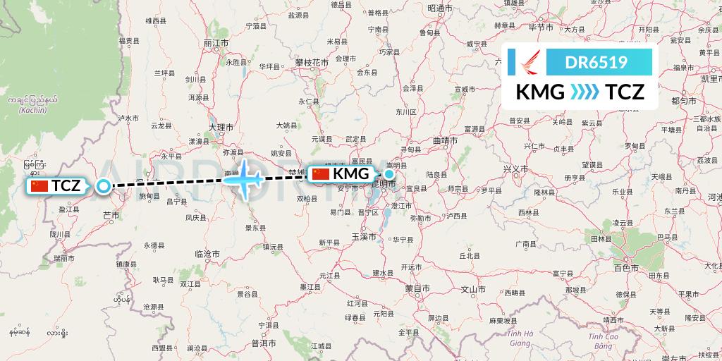 DR6519 Ruili Airlines Flight Map: Kunming to Tengchong