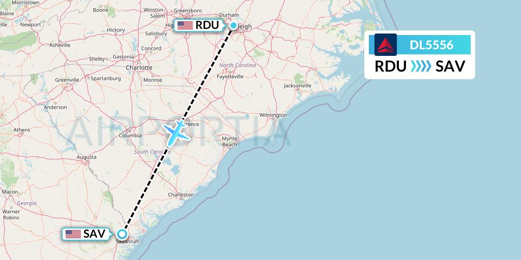 DL5556 Delta Air Lines Flight Map: Raleigh-Durham to Savannah
