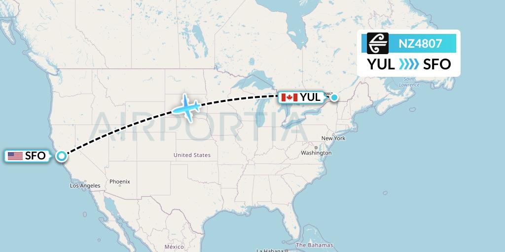 NZ4807 Air New Zealand Flight Map: Montreal to San Francisco