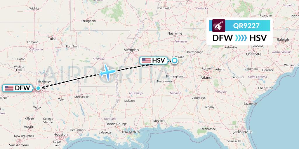 QR9227 Qatar Airways Flight Map: Dallas to Huntsville