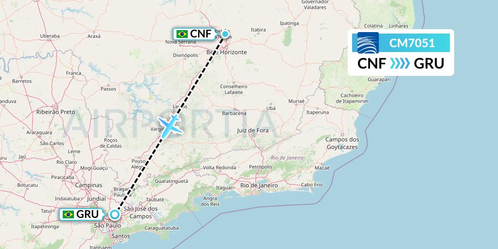 CM7051 Copa Airlines Flight Map: Belo Horizonte to Sao Paulo