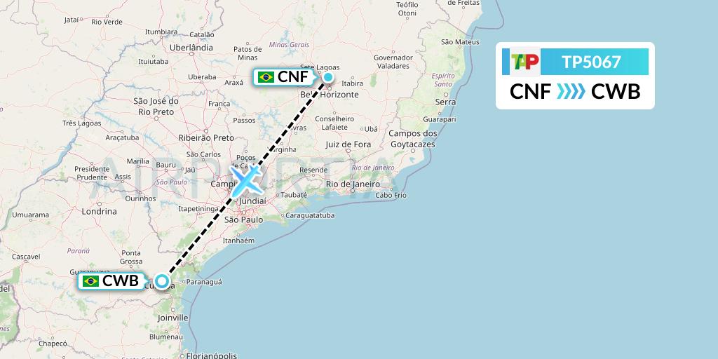 TP5067 TAP Portugal Flight Map: Belo Horizonte to Curitiba