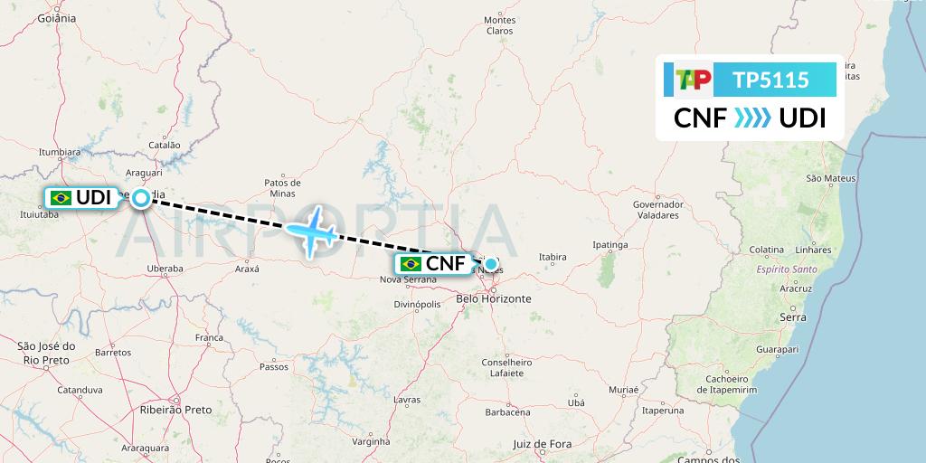 TP5115 TAP Portugal Flight Map: Belo Horizonte to Uberlandia