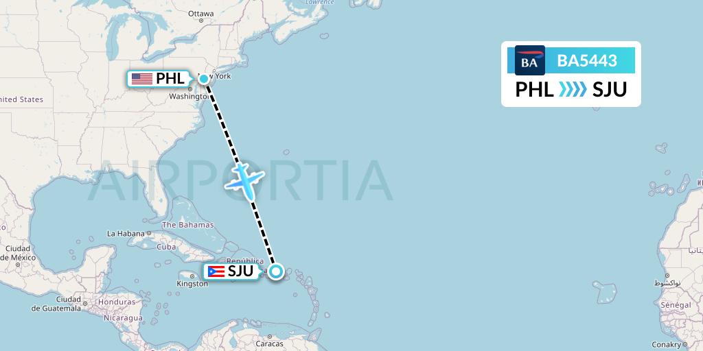BA5443 British Airways Flight Map: Philadelphia to San Juan