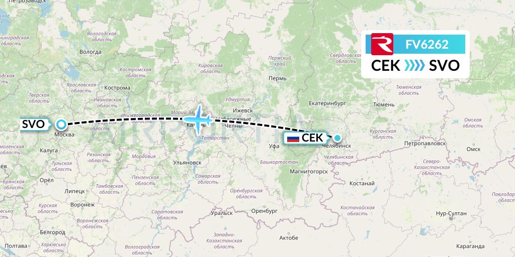 FV6262 Rossiya Flight Map: Chelyabinsk to Moscow