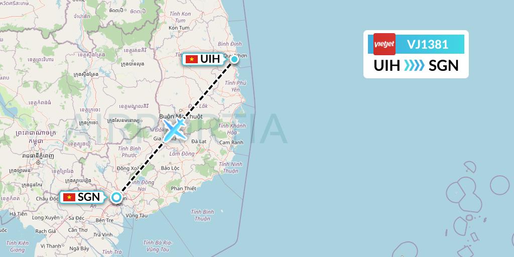 VJ1381 VietJet Air Flight Map: Qui Nhon to Ho Chi Minh City