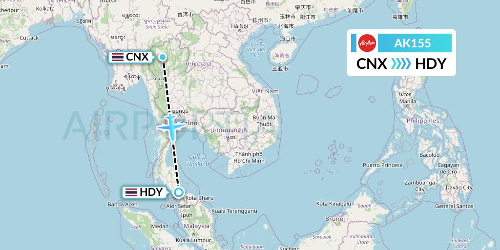 AK155 AirAsia Flight Map: Chiang Mai to Hat Yai