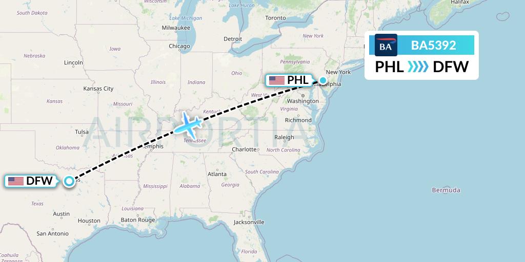 BA5392 British Airways Flight Map: Philadelphia to Dallas