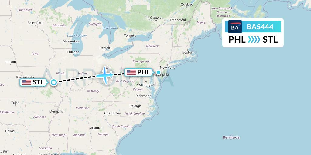 BA5444 British Airways Flight Map: Philadelphia to St. Louis