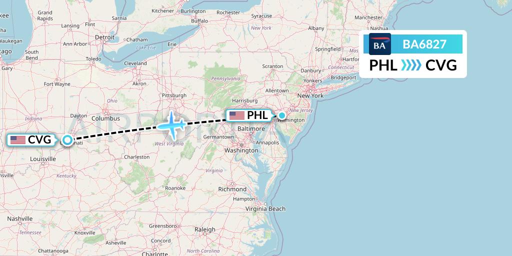 BA6827 British Airways Flight Map: Philadelphia to Cincinnati