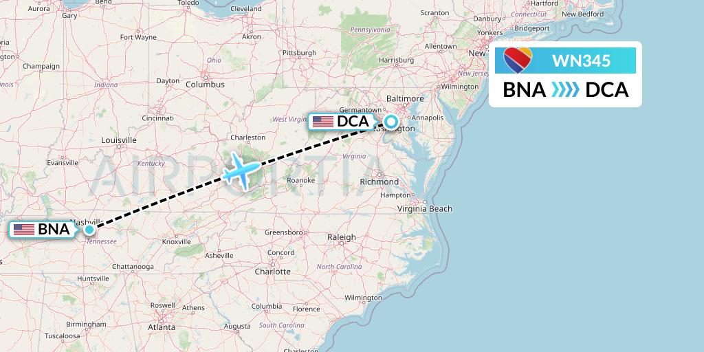 WN345 Southwest Airlines Flight Map: Nashville to Washington