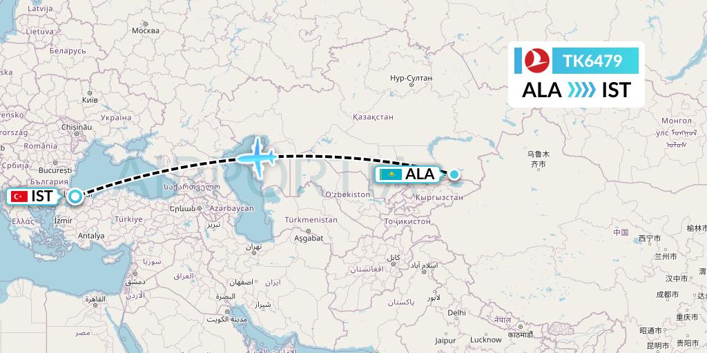 TK6479 Turkish Airlines Flight Map: Almaty to Istanbul