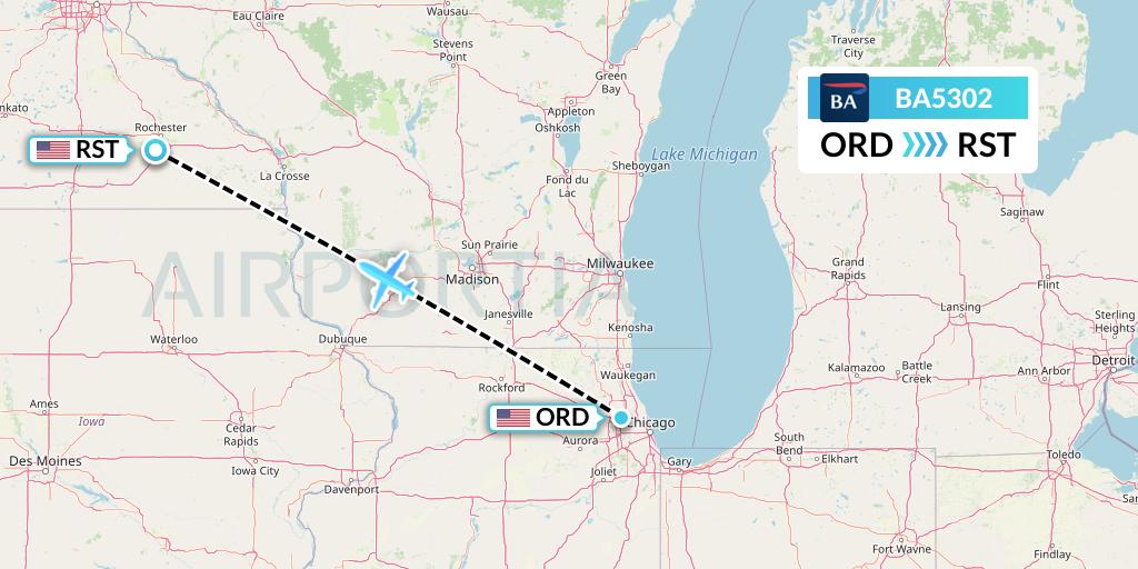 BA5302 British Airways Flight Map: Chicago to Rochester