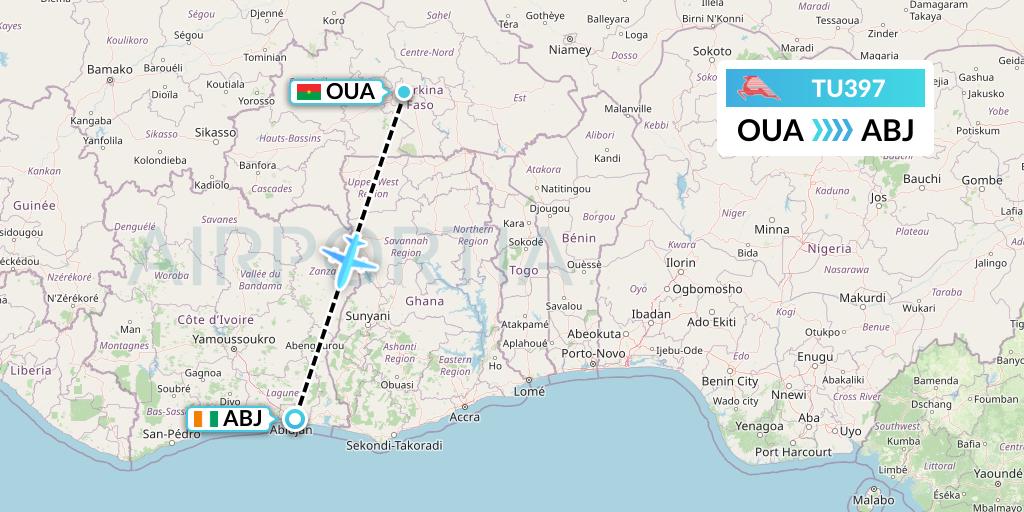 TU397 Tunisair Flight Map: Ouagadougou to Abidjan