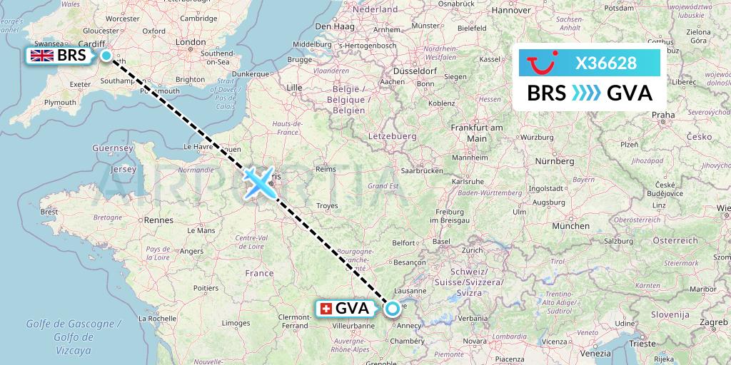 X36628 TUI fly Germany Flight Map: Bristol to Geneva