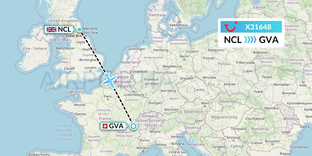 X31648 TUI fly Germany Flight Map: Newcastle to Geneva