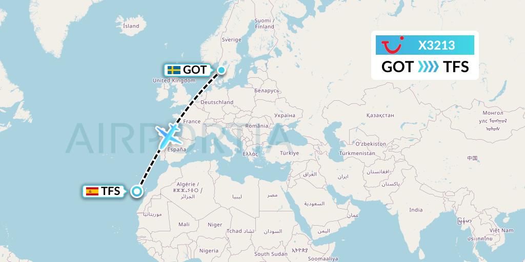 X3213 TUI fly Germany Flight Map: Gothenburg to Tenerife