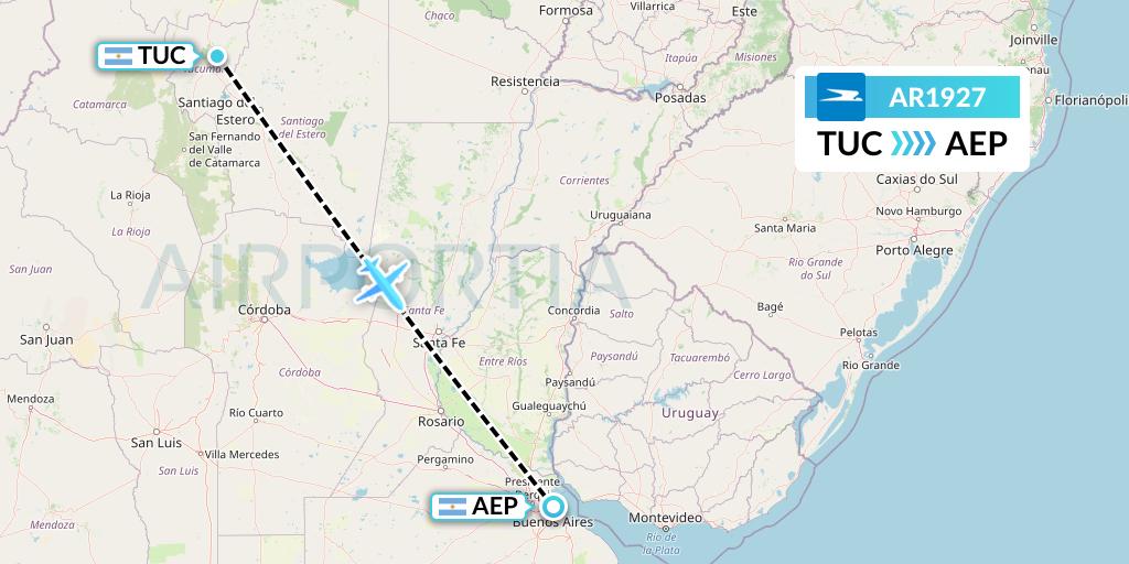 AR1927 Aerolineas Argentinas Flight Map: Tucuman to Buenos Aires