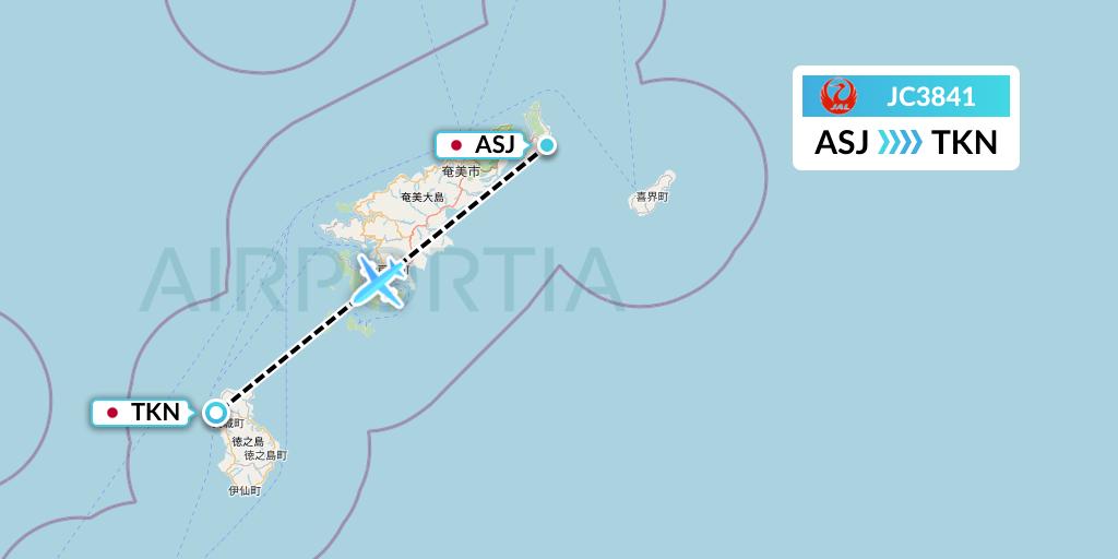 JC3841 Japan Air Commuter Flight Map: Amami to Tokunoshima
