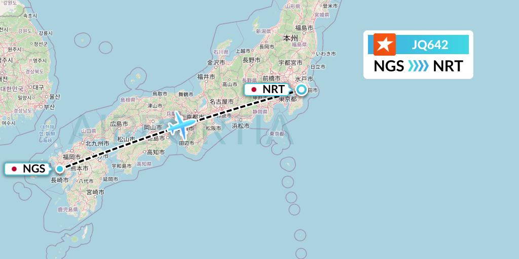 JQ642 Jetstar Airways Flight Map: Nagasaki to Tokyo