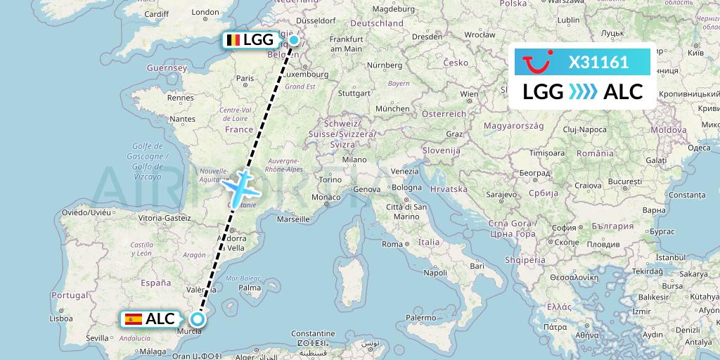 X31161 TUI fly Germany Flight Map: Liege to Alicante