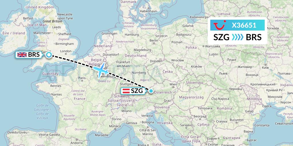 X36651 TUI fly Germany Flight Map: Salzburg to Bristol