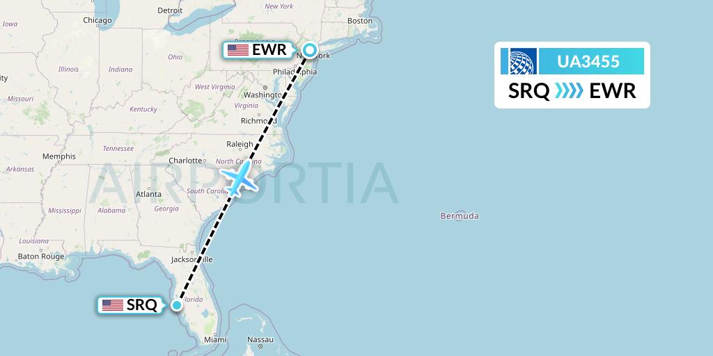 UA3455 United Airlines Flight Map: Sarasota to New York