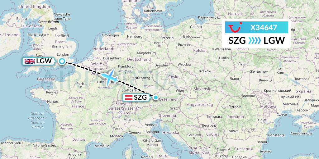 X34647 TUI fly Germany Flight Map: Salzburg to London