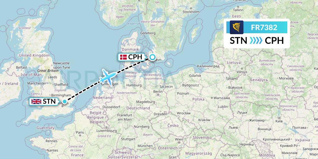FR7382 Ryanair Flight Map: London to Copenhagen