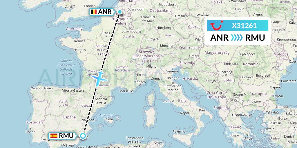 X31261 TUI fly Germany Flight Map: Antwerp to Murcia