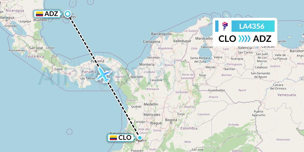 LA4356 LAN Airlines Flight Map: Cali to San Andres Island