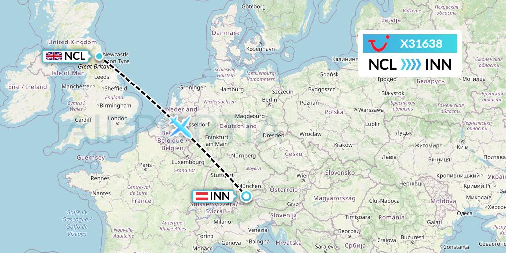 X31638 TUI fly Germany Flight Map: Newcastle to Innsbruck