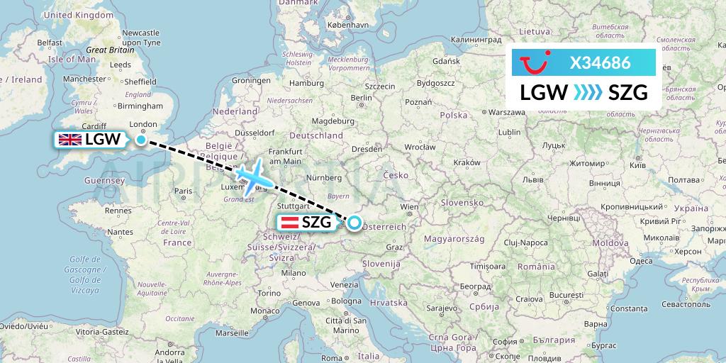 X34686 TUI fly Germany Flight Map: London to Salzburg