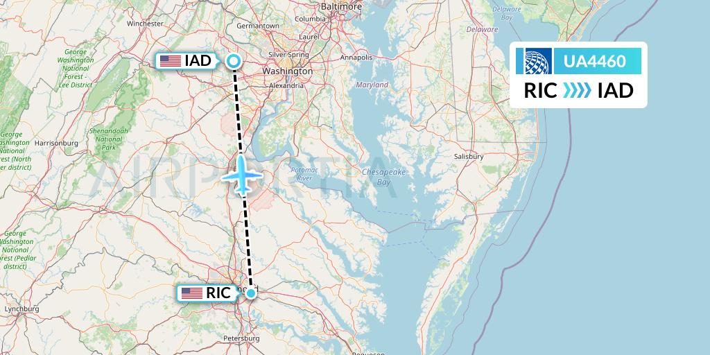 UA4460 United Airlines Flight Map: Richmond to Washington