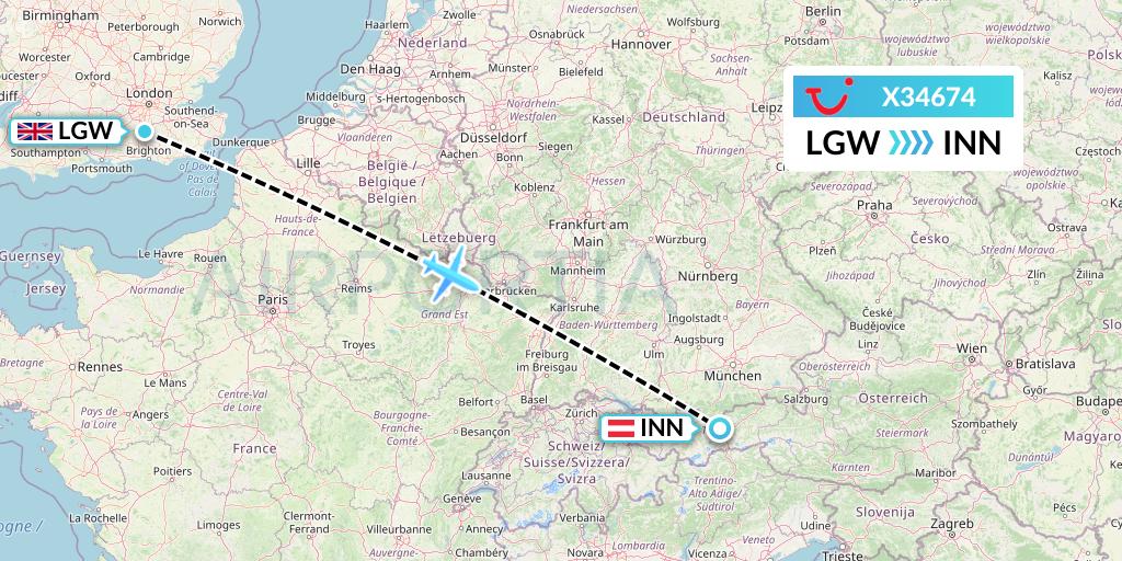 X34674 TUI fly Germany Flight Map: London to Innsbruck