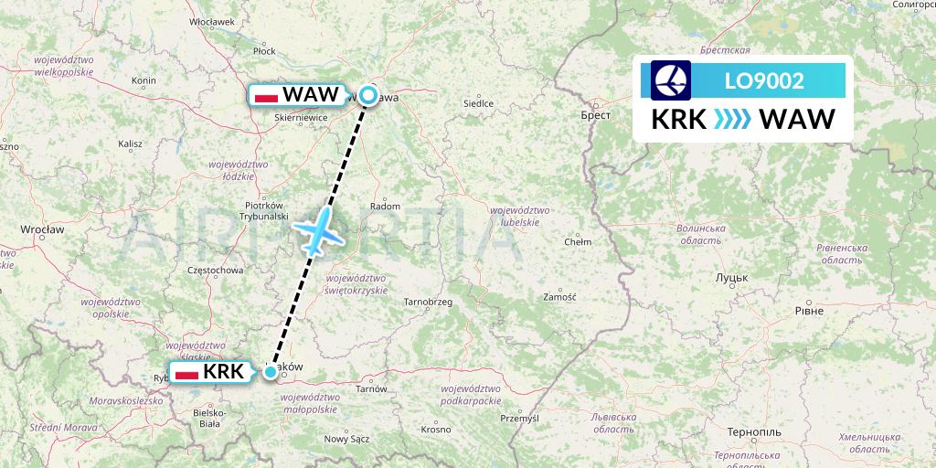 LO9002 LOT Flight Map: Krakow to Warsaw