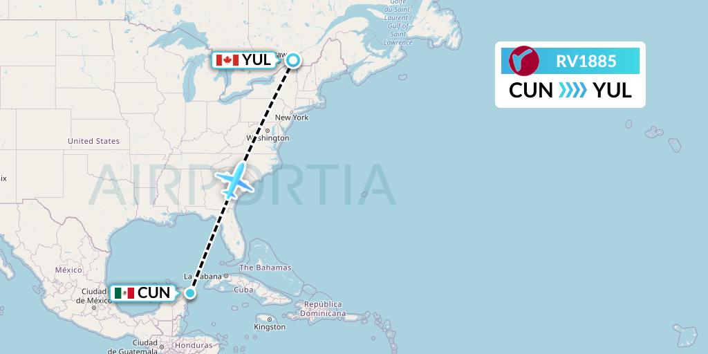 RV1885 Air Canada Rouge Flight Map: Cancun to Montreal
