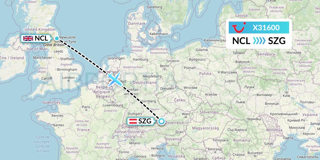 X31600 TUI fly Germany Flight Map: Newcastle to Salzburg