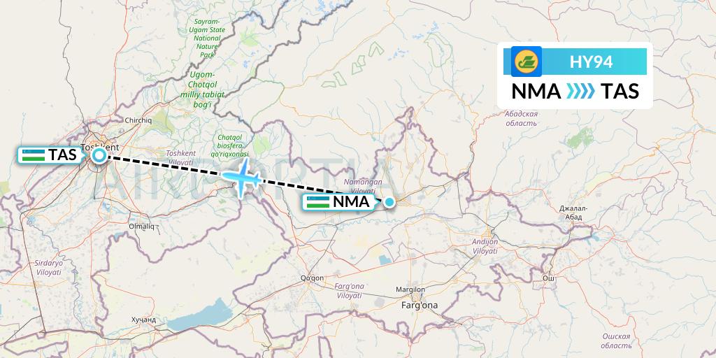 HY94 Uzbekistan Airways Flight Map: Namangan to Tashkent