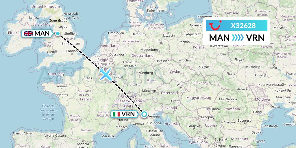 X32628 TUI fly Germany Flight Map: Manchester to Verona